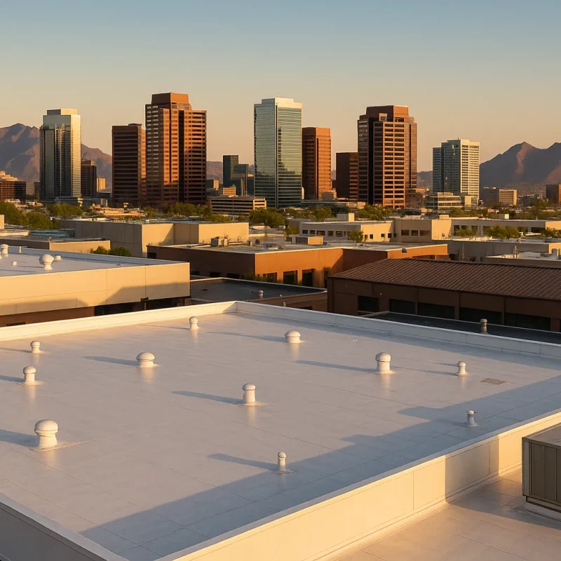 Flat white commercial rooftops in Phoenix with downtown skyline and desert mountains at sunset