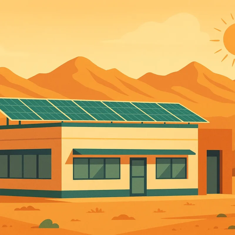 Commercial building with solar panels against Phoenix desert mountains and sun