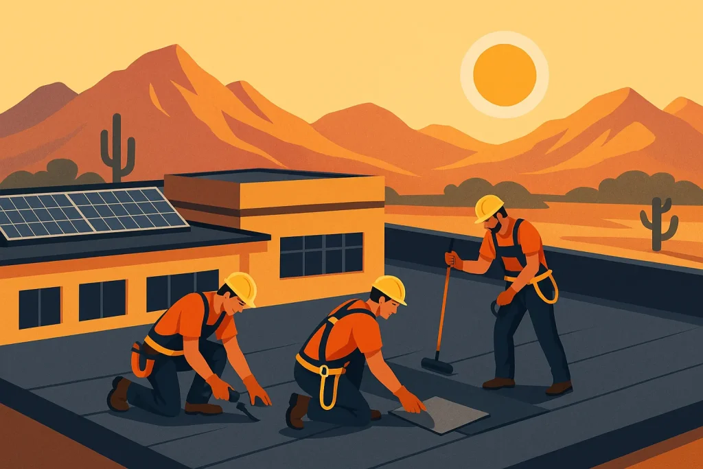 Professional roofing crew installing a flat roof in sunny Phoenix